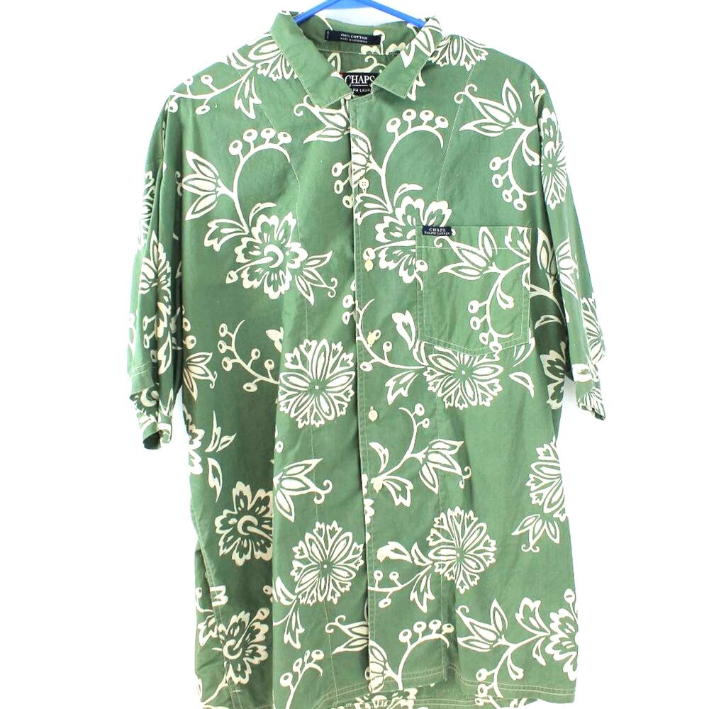 Chaps Men's White Hawaiian Short Sleeve Button Down Shirt 100% Cotton Size Large
